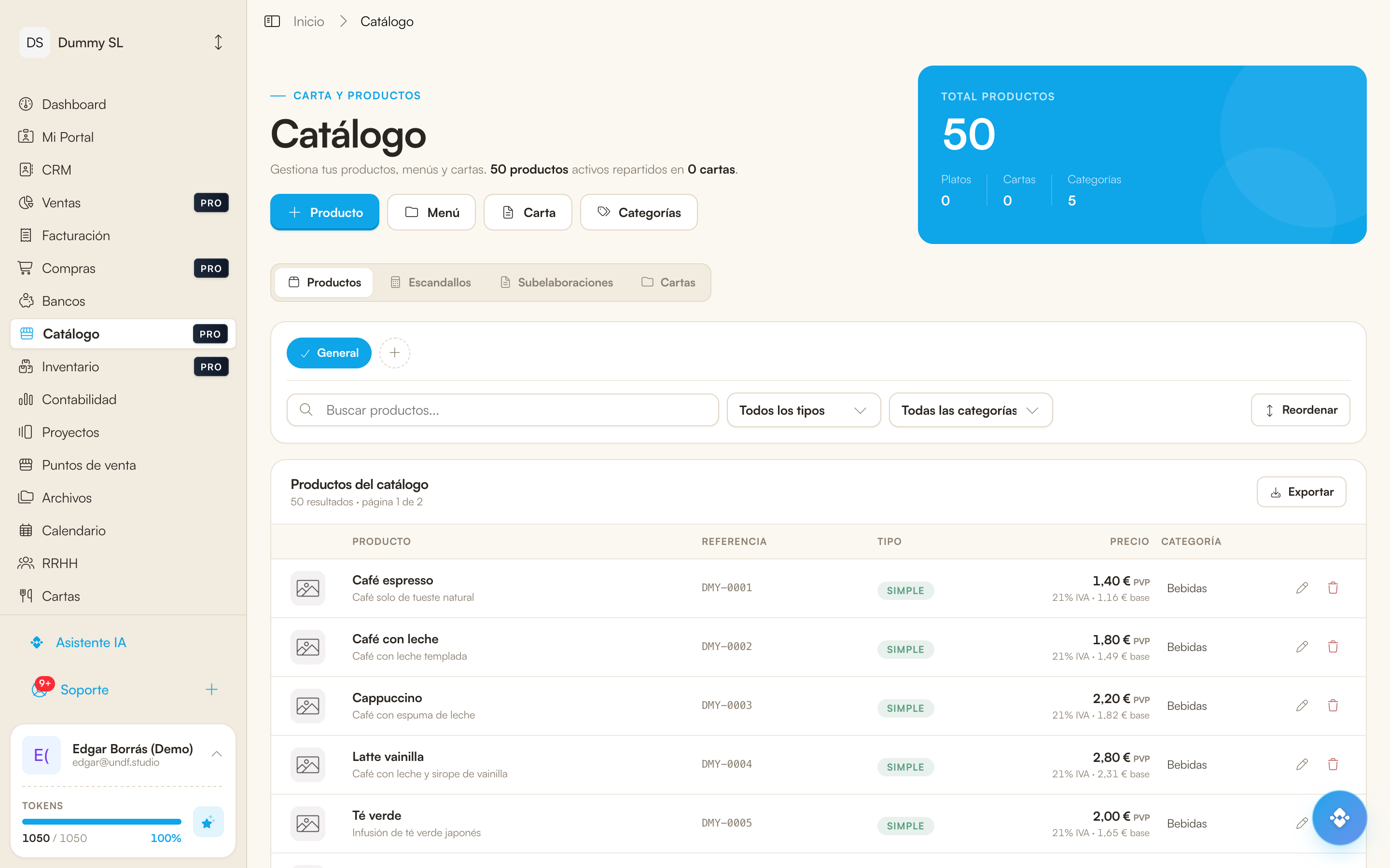 Captura del catálogo con productos, variantes y precios