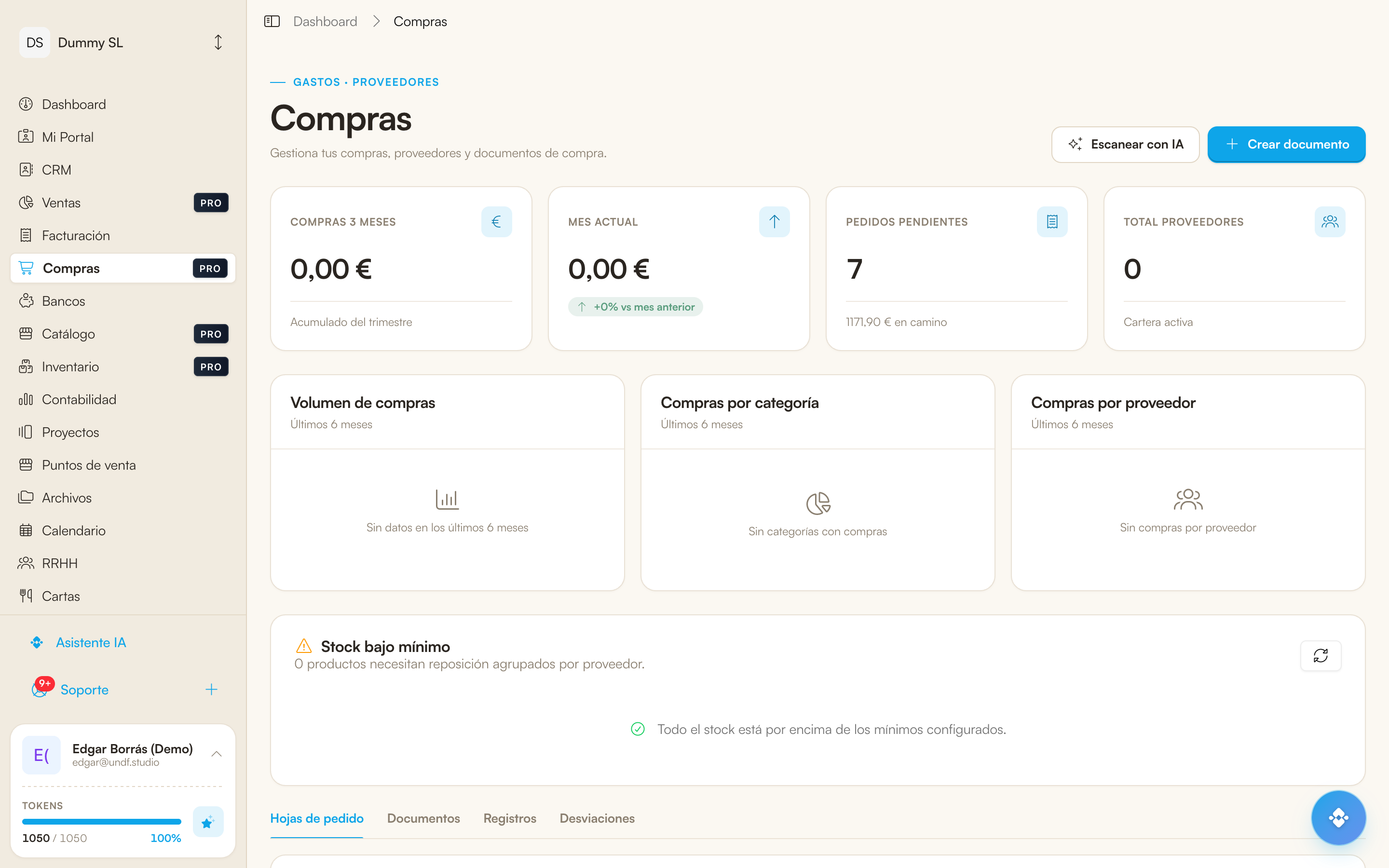 Captura del módulo de compras con pedidos a proveedor