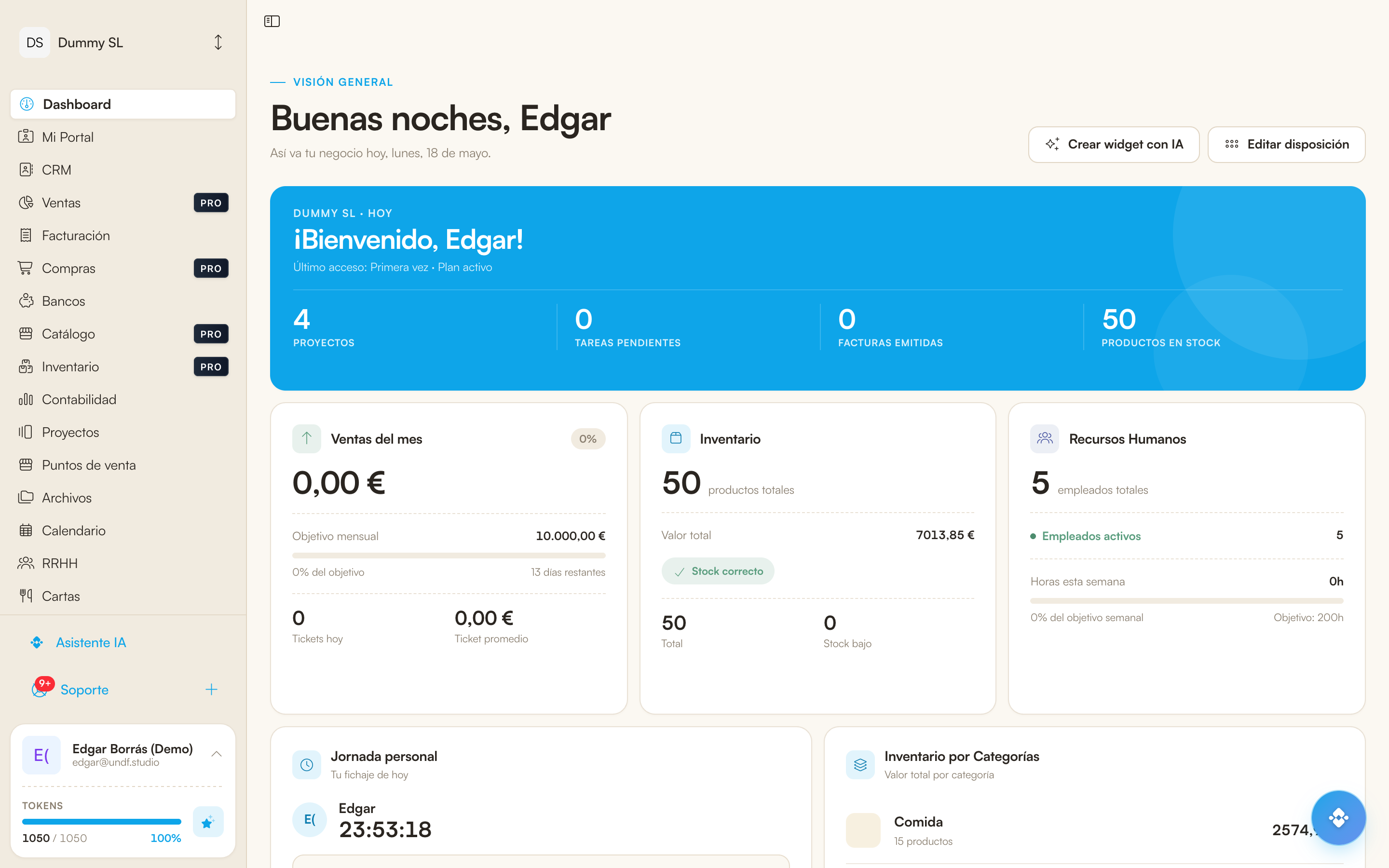 Captura del dashboard con widgets, KPIs y accesos directos