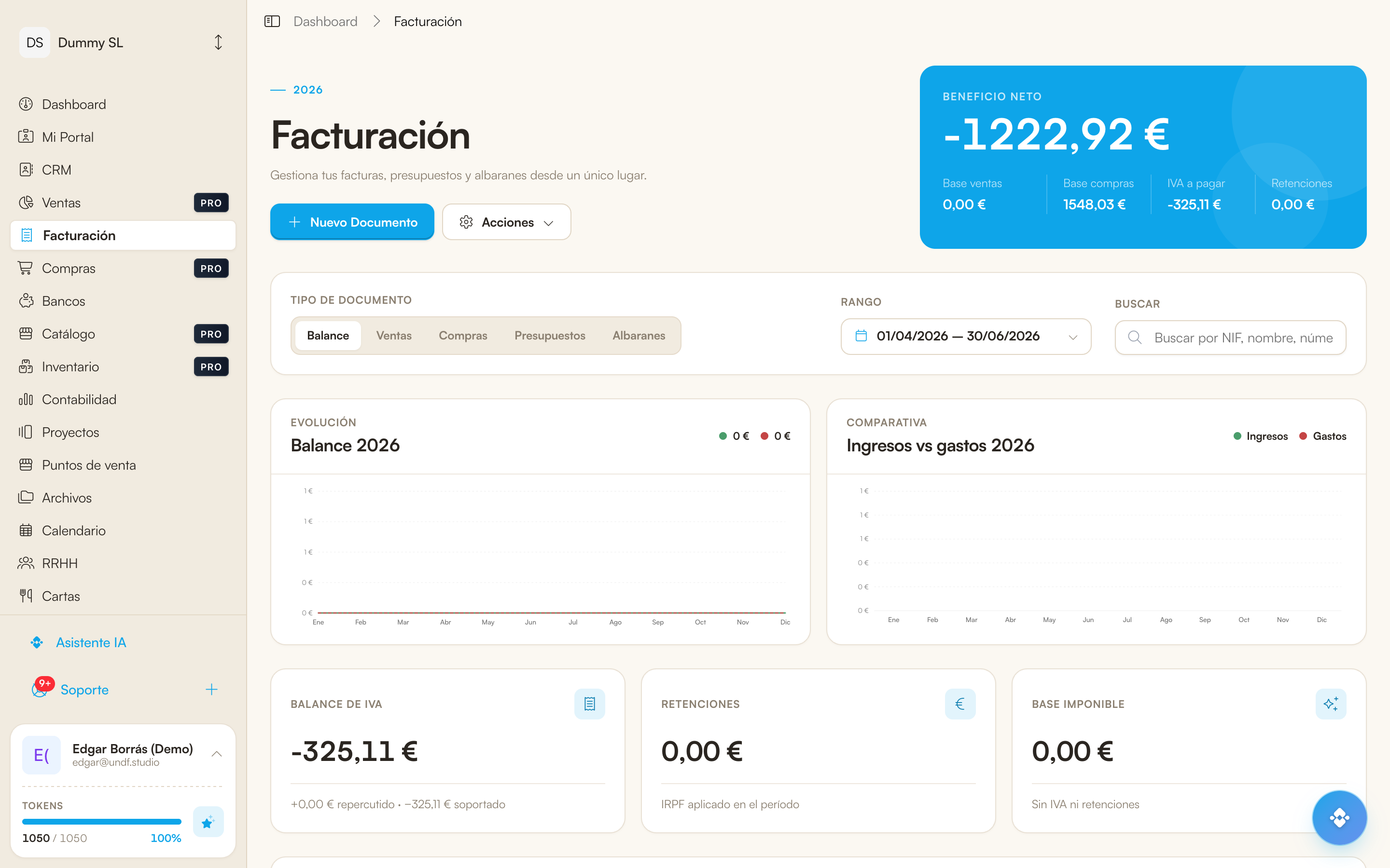 Captura del listado de facturas con totales y estado de pago