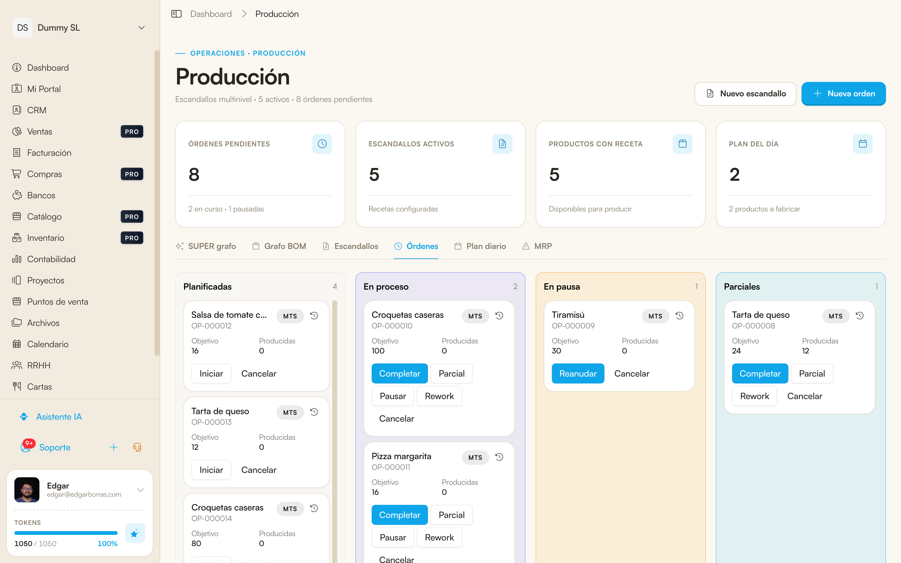 Módulo de producción con el tablero de órdenes de fabricación por estado, escandallos activos y plan del día